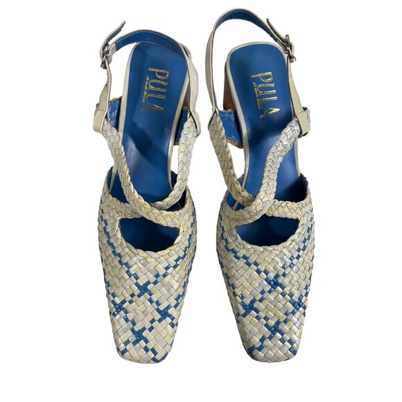 Pula Women’s  Yellow Blue Squared Toe Heeled Sandals Sz 6B - Picture 5 of 8